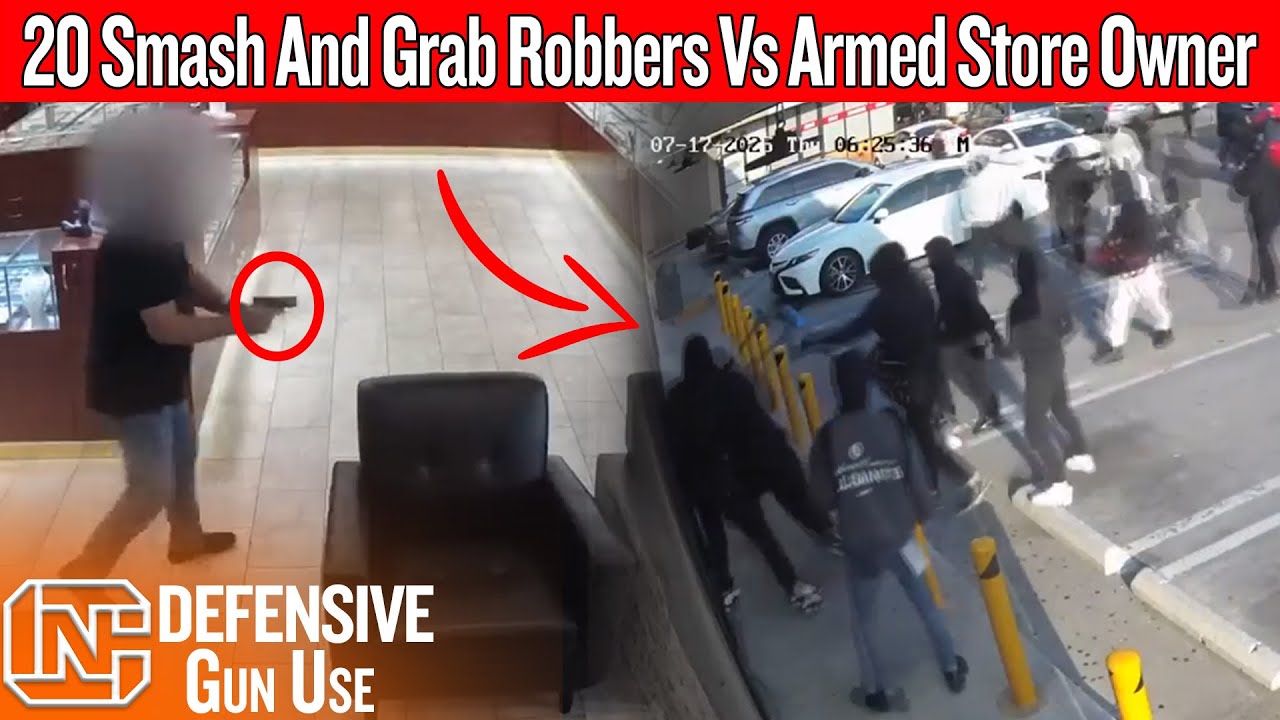 Caught On Camera: 20 Smash And Grab Robbers Vs Armed Store Owner In California
